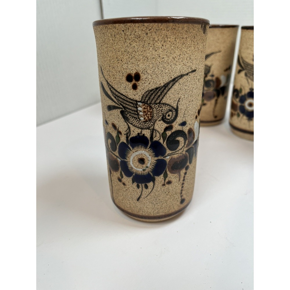 Tonala Pottery Cups Painted Blue Flowers Bird Stone Ware Lot Of 5 Netzi Mexico - Picture 4 of 16
